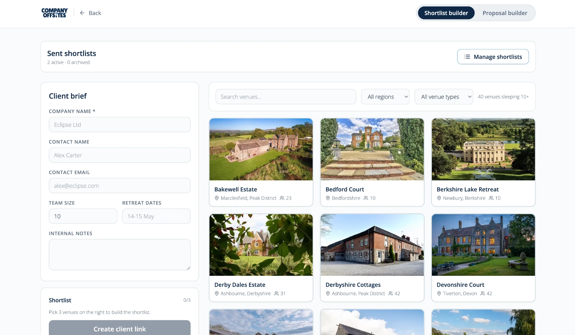 Company Offsites internal shortlist and proposal builder showing a client brief form beside a grid of venues